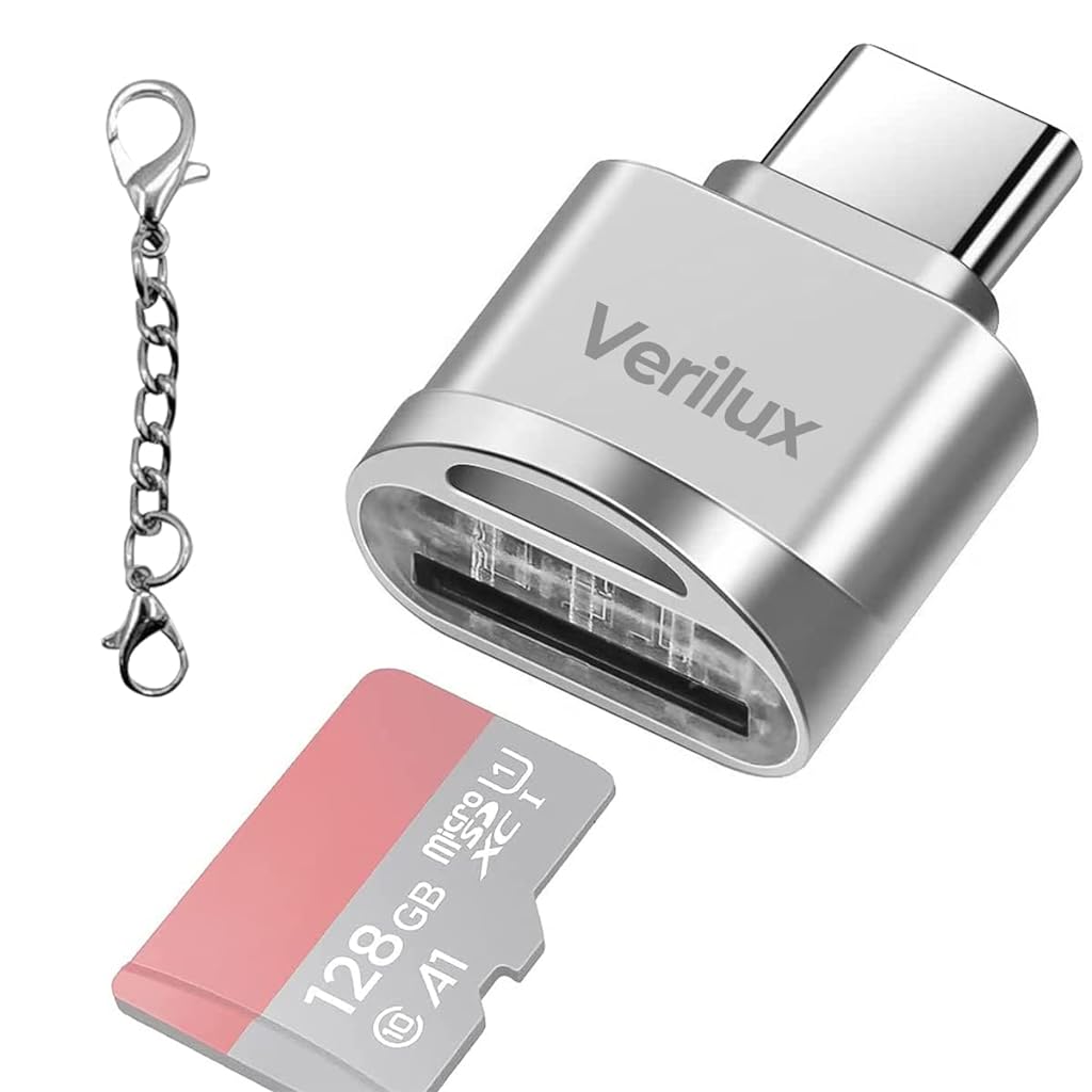 Verilux Micro SD Card Reader Mini Type C Card Reader TF Card Reader with Keychain USB C to Micro SD SDHC SDXC OTG Memory Card Reader Compatible with Laptops, MacBook, Samsung Galaxy Note 20 - Silver