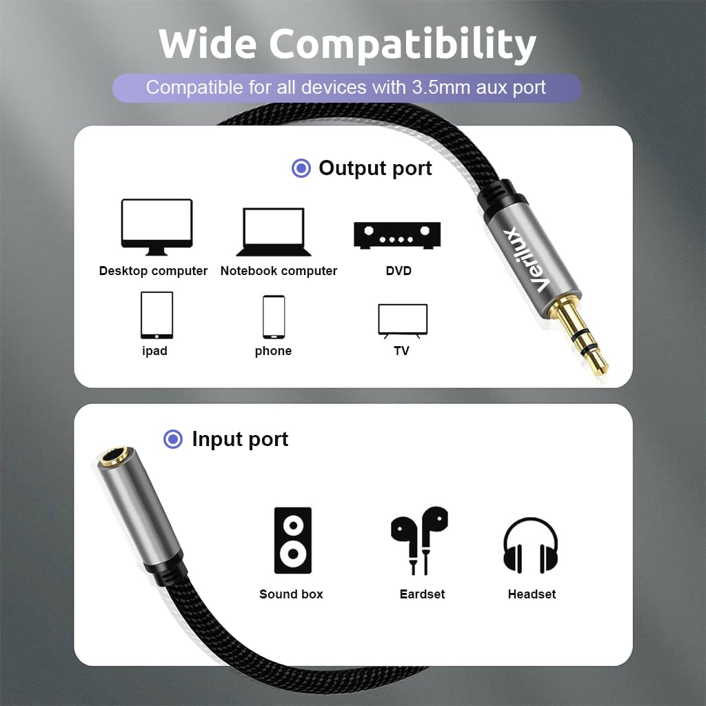 Verilux® 3.5mm Audio Aux Cable, 10Ft Jack Audio Extension Cable Male to Female Audio Aux Cable Universal Stereo Cord for Phones, Speakers, Headphones, Tablets, MP3 Players and Car