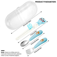 SNOWIE SOFT® Baby Spoon and Fork Set for Toddler Kids with Case and Chopsticks, 304 Stainless Steel with PP Cartoon Handle Utensils Set for Baby Feeding, Training Self Feeding, Safety and BPA Free