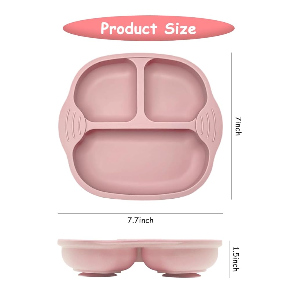 SNOWIE SOFT® Food Plate Silicone BPA Free Baby Food Plate, Anti Flip Over Silicone Food Plate with Suction Cup, with Spoon & Baby Use Fork, Dish Washer Safe (Pink)