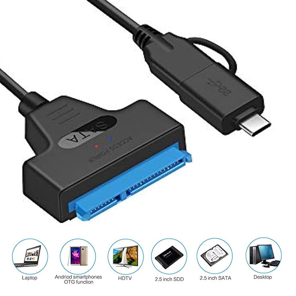 Zeitel® High-Speed USB 3.0/Type-C To SATA Adapter Cable For 2.5" SSD/HDD, UASP SATA III Support, Dual LED Indicators, Plug & Play, Ideal For Data Transfer & Backup, Compatible With USB 2.0/1.0