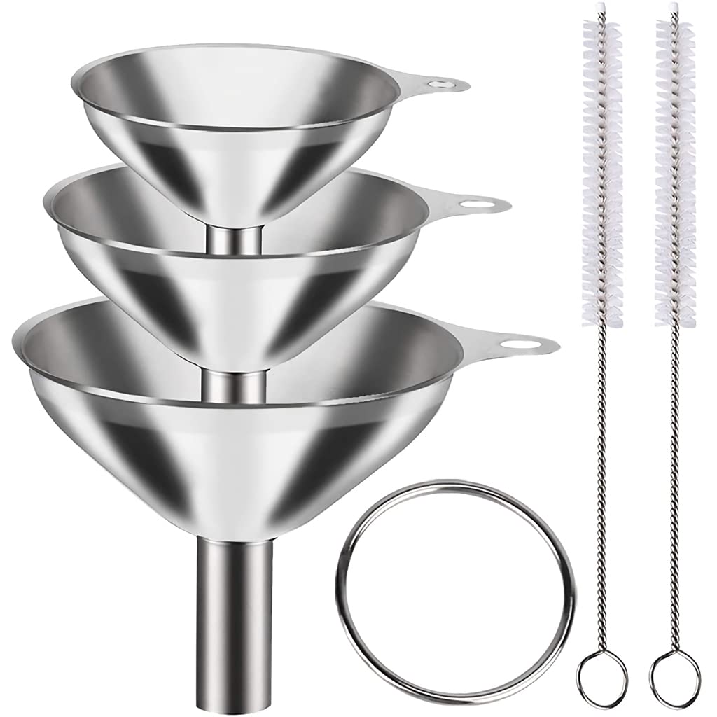 Supvox® 3Pcs Metal Stainless Steel Funnel, Large Small Funnel Set of 3 with 2 Clean Brushes, 0.47in/0.35in/0.24in Funnel Nozzle, Food Grade Mini Funnels for Kitchen