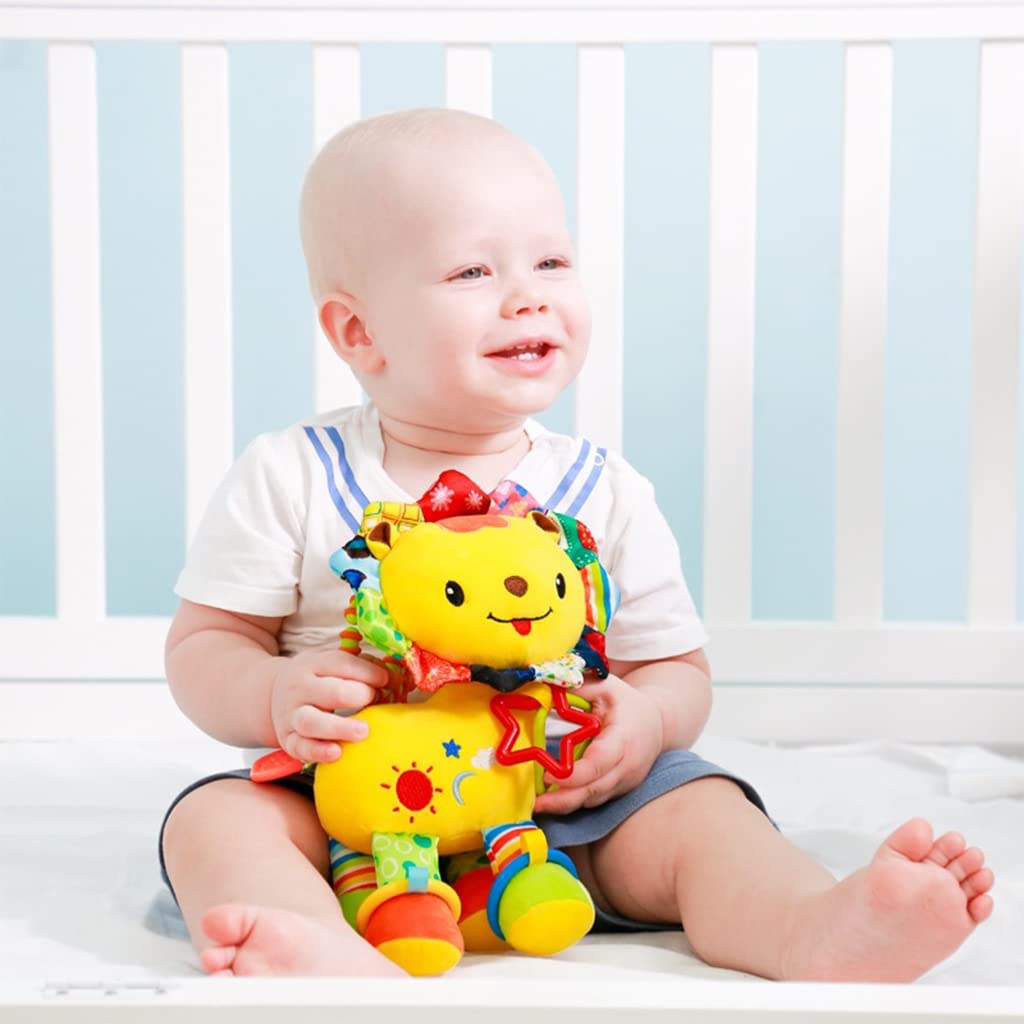SNOWIE SOFT Baby Soft Hanging Rattle Crinkle Squeaky Toy Car Seat Stroller Hanging Toys with Teethers Plush Soft Lion Toys Hangable on Crib Pramfor Infant Babies Boys and Girls 3 6 9 to 12 Months