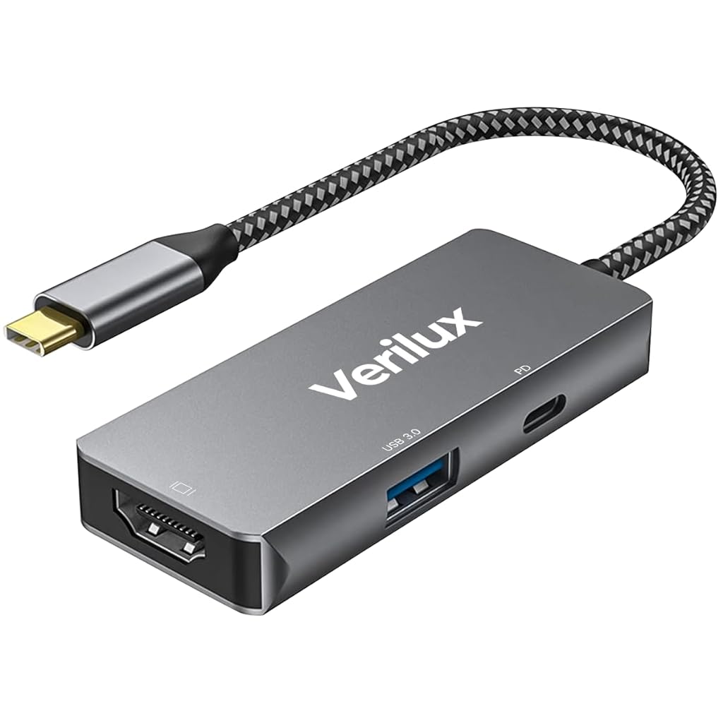 Verilux USB C HUB 3 in 1 USB C to HDMI Adapter with 4K@30Hz HDMI, 3.0 USB Adapter Multiple Port, PD 60W Port USB Type C Hub for Laptop, MacBook Pro Air Power USB Hub 3.0 with Braided Cable