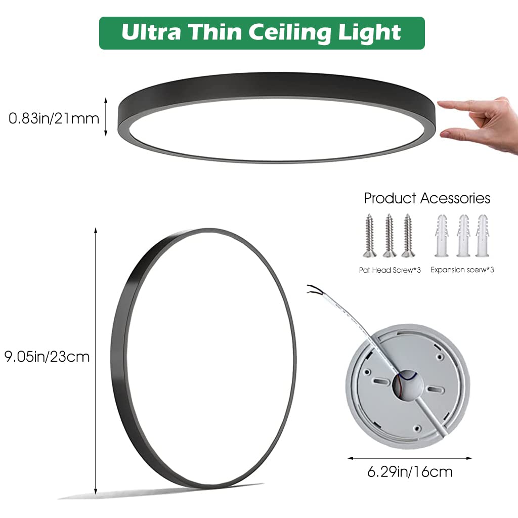 ELEPHANTBOAT 24W Ceiling Light-9 inch Flush Mount LED Ceiling Lights, Modern Round Ultra Thin Led Ceiling Surface Lights for Living Room Bedroom Kitchen Basement Lighting Fixture, 6500K(Black)