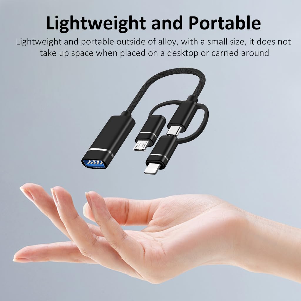 Verilux® USB OTG Cable Adapter for iPhone, 3 in 1 USB A Female to Light-ning/USB C/Micro Male Flash Drive Connector, Flash Drive Adapter for iPhone, Ipad, More Type C, Micro Devices