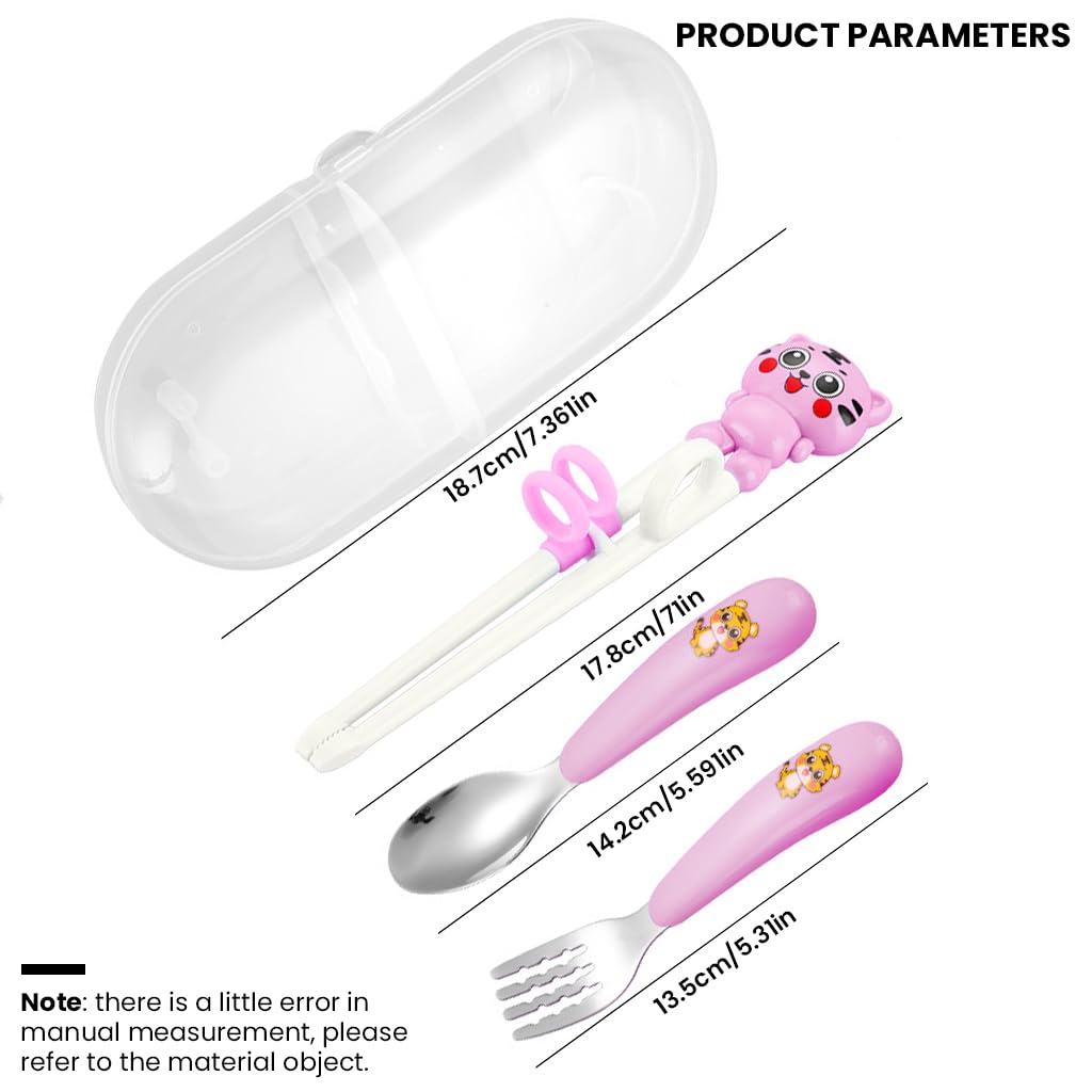 SNOWIE SOFT® Baby Spoon and Fork Set for Toddler Kids with Chopsticks & Case, 304 Stainless Steel with PP Cartoon Handle Utensils Set for Baby Feeding, Training Self Feeding, Safety and BPA Free