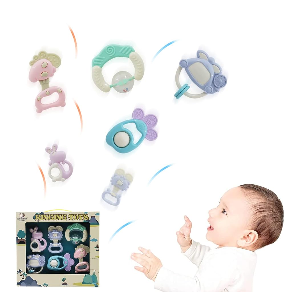 SNOWIE SOFT® 6pcs Hanging Toys and Teether for Babies 3 to 12 Months, BPA-Free Rattle Set for New Born Babies, Cute Cartoon Rattle Toy Teething Toys for Baby Gift