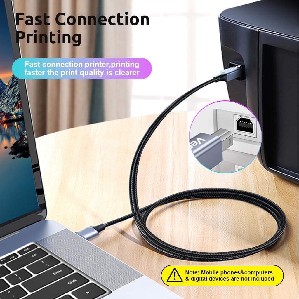 Verilux Printer Cable, 10FT High Speed USB A to USB B 2.0 Nylon Braided Male to Male Cable for Printer Scanners Cable Compatible with HP, Canon, Dell, Epson, Lexmark, Xerox, Samsung and More