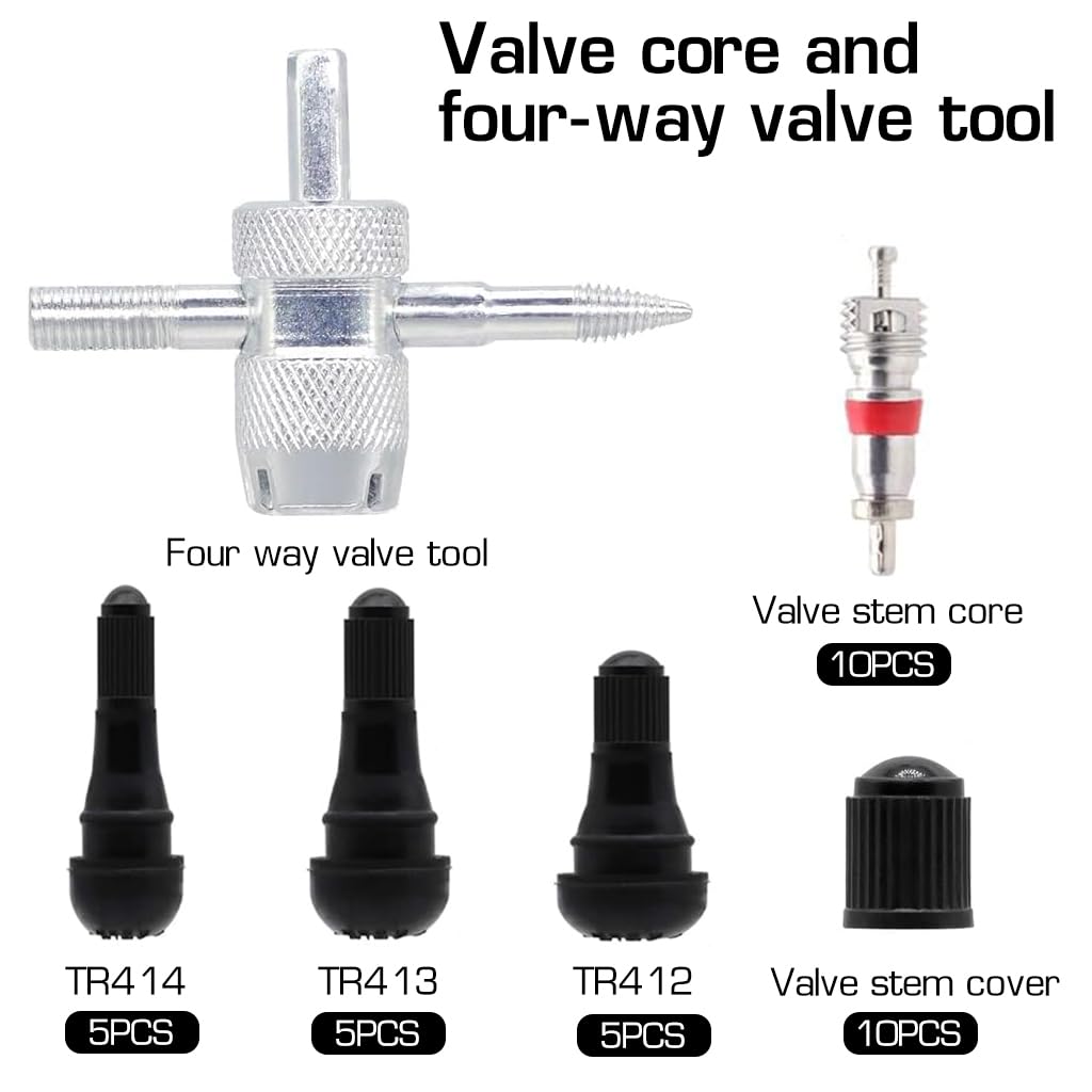 STHIRA® 40Pcs Valve Stem Tool, 5pcs TR412, 5pcs TR413, 5pcs TR414 Tire Snap in Short Rubber Valve Stem, 4 Way Valve Core Remover, Single Head Tire Remover Installer Puller Tool for Most Cars