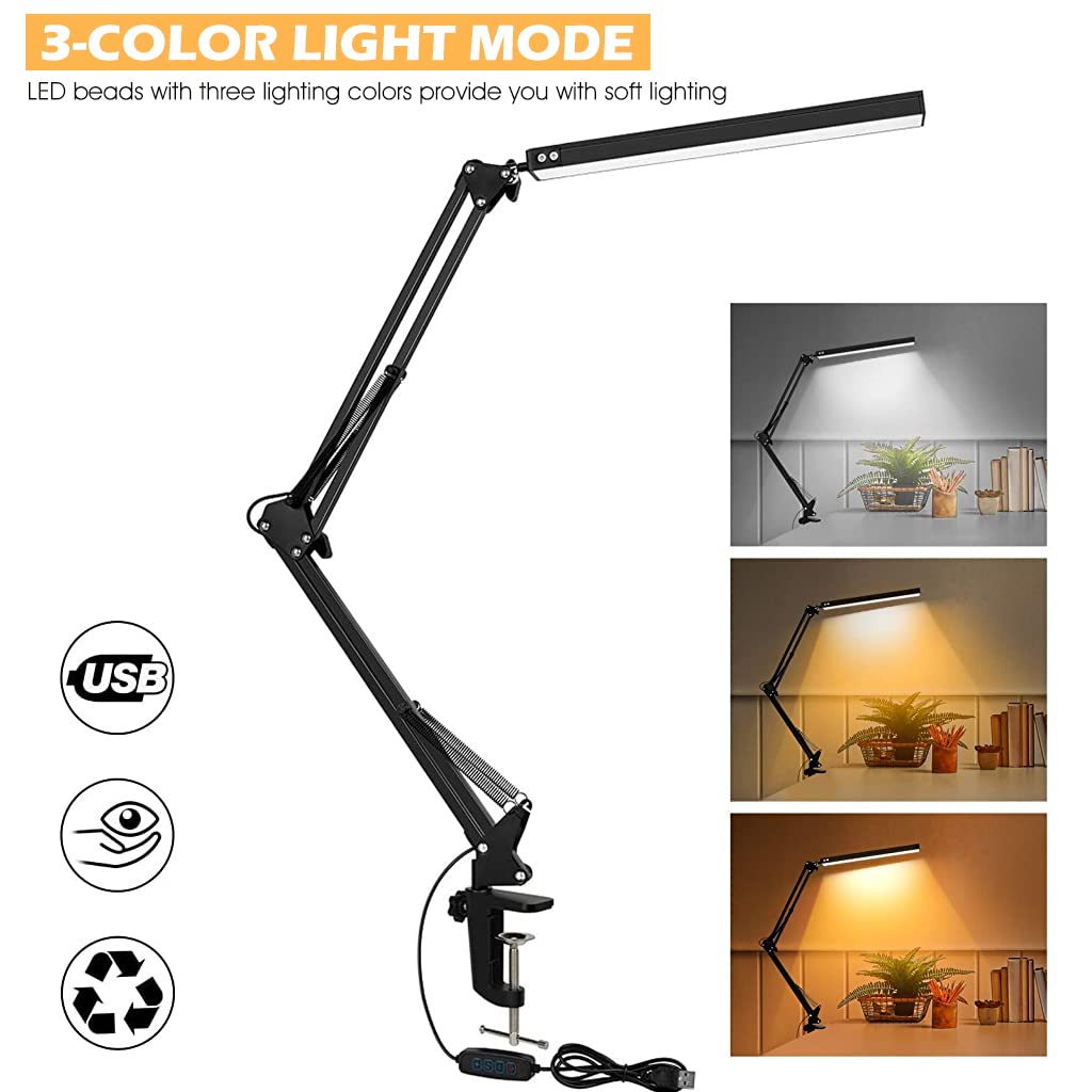 ELEPHANTBOAT LED Desk Lamp Screw Fixed Desk Lamp Eye-Friendly LED Desk Lamp Work Lamp Dimmable Study Lamp Flexible Lamp Arm, USB Power LED Desk Lamp for Home, Office