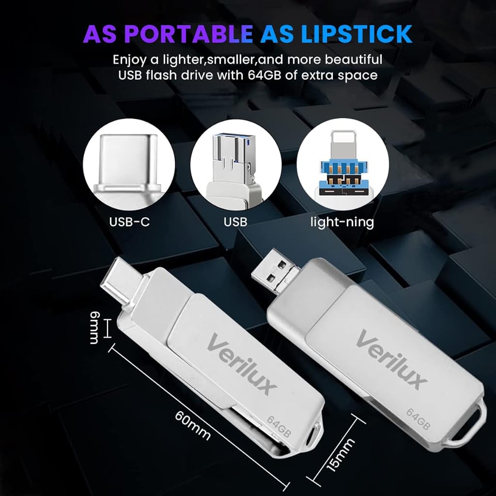 Verilux Pendrive 64GB 3 in 1 USB 3.0 Flash Drive with Light-ning, USB A, Type-C Interface Mini Hangable PenDrive for iOS & Android Compatible with iPhone, iPad, Smartphone, PC and More Devices