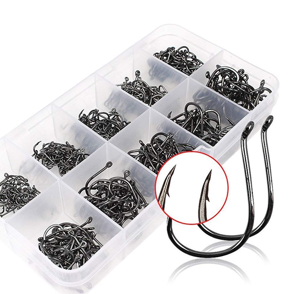 Proberos  500pcs High Carbon Steel Fishing Hooks with Plastic Box, 10 Sizes Fish Hook with Barbs for Freshwater/Seawater, 3# - 12#(50pcs/ Size)