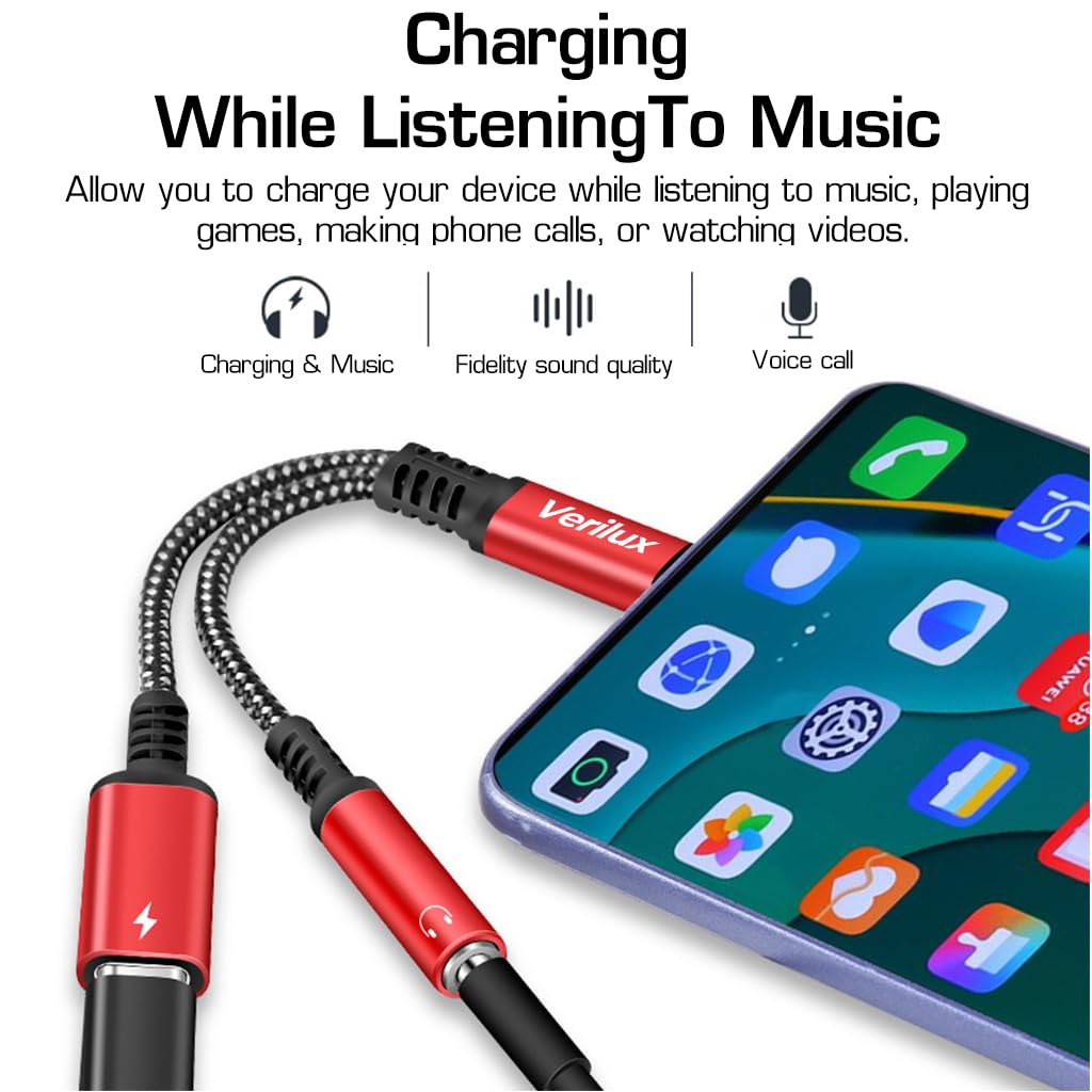 Verilux® USB C to 3.5mm Jack Audio Adapter, 2 in 1 Type C to Aux Audio Jack with 60W PD Fast Charging, Sound Card Game Audio Adapter Compatible with Galaxy S22 S21 Ultra 5G S20 S20+ Plus Note 20