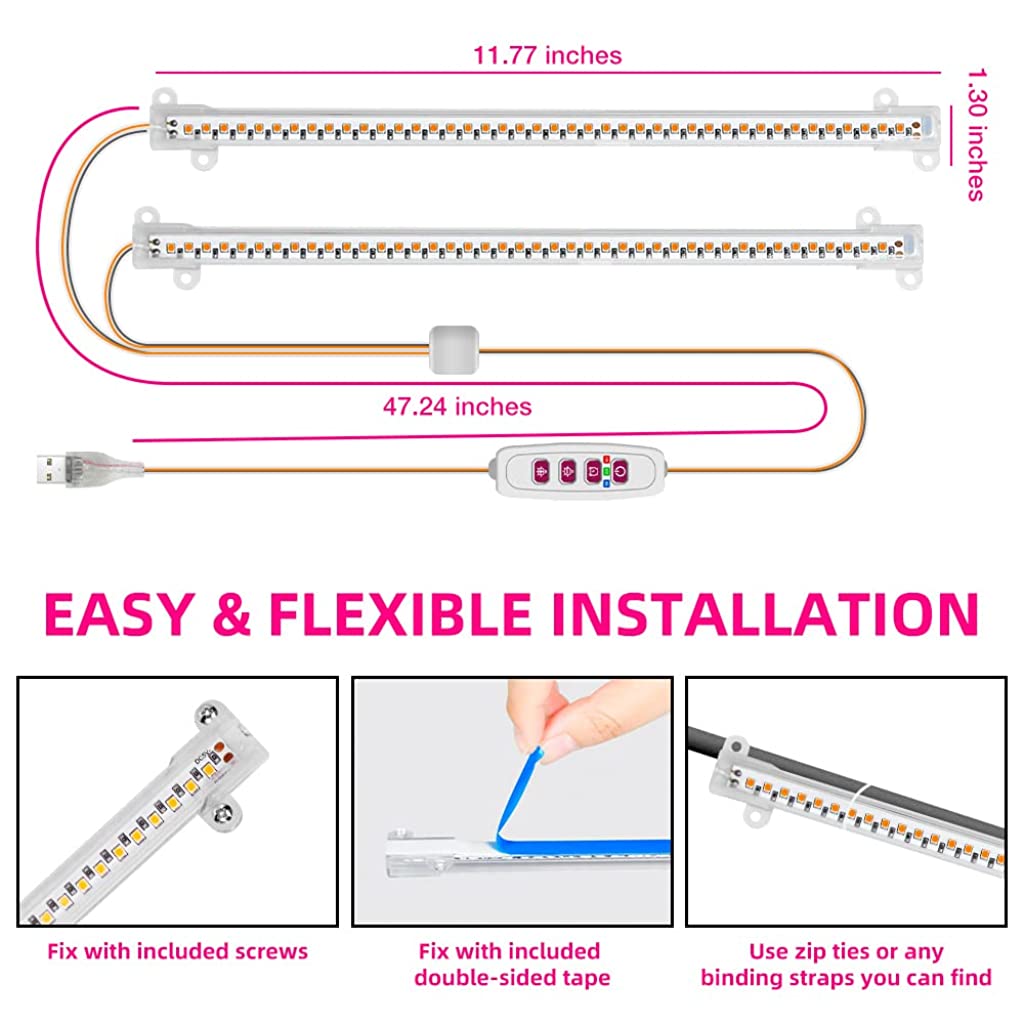 Qpets LED Grow Lights Bars for Indoor Plants, Full Spectrum Strips Auto ON/Off, 8/12/16H Timer, 5 Dimmable Levels High Output USB 5V Grow Lamp Hydroponics Seedling Flower Starting(Pink Purple)