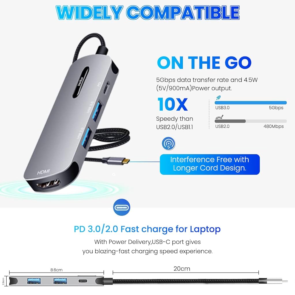 Verilux® USB C HUB 4 in 1 USB C to HDMI Adapter with 4K@30Hz HDMI 2.0/3.0 USB Adapter Multiple Port USB Type C Hub for Laptop with PD 100W & USB C Data Port 20CM USB Hub Long Cable for MacBook Pro Air