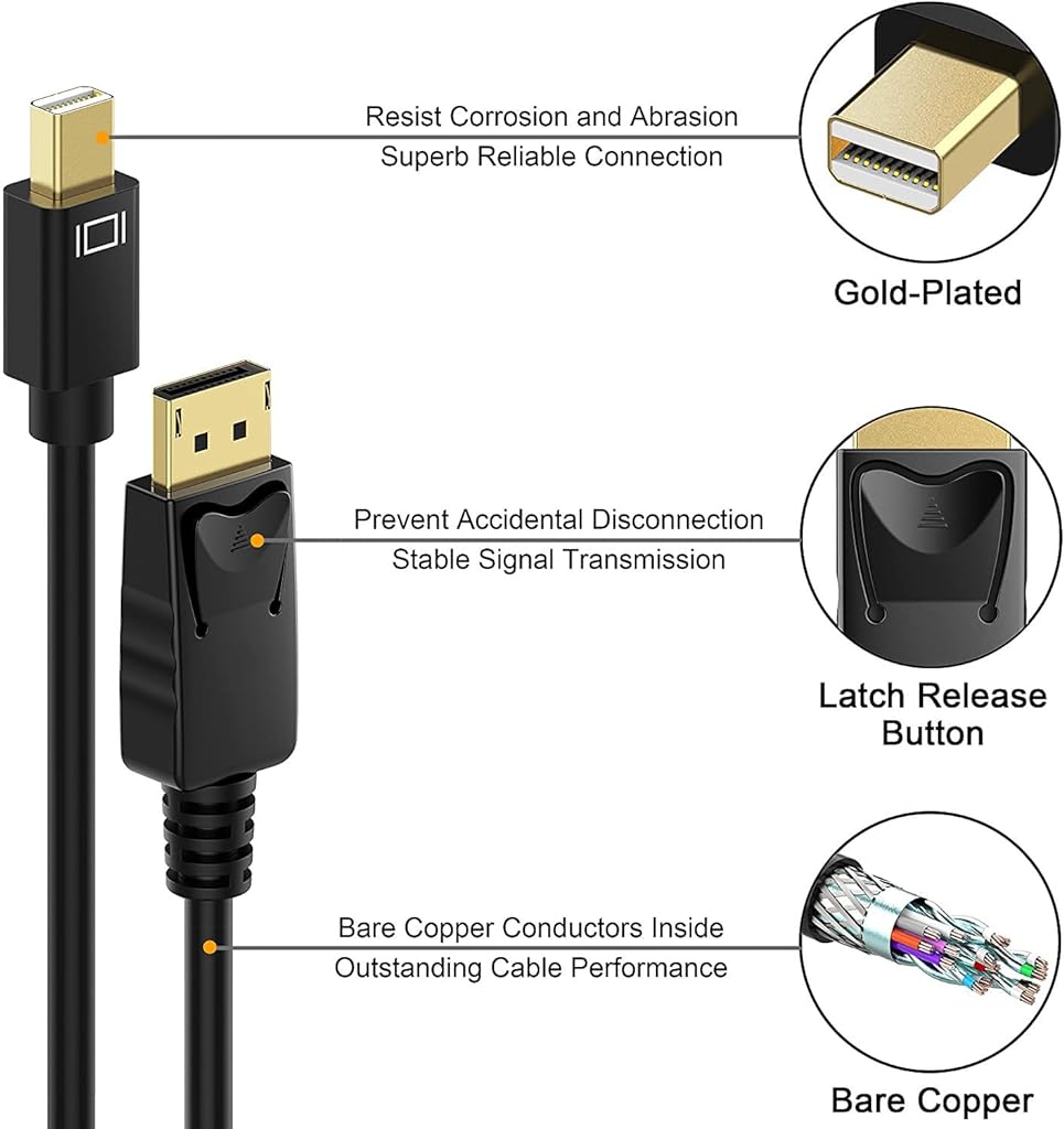 Verilux® Mini Display Port to Display Port Cable, Bi-Directional Transmission 70 inch Mini DP (Thunderbolt) to DP Cable, 4K@60Hz, 2K@144Hz, Gold-Plated, Compatible for MacBook Air/Pro, Surface Pro