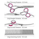Qpets  Dog Grooming Scissors Kit with Safety Round Tips Stainless Steel Professional Dog Grooming Shears Set - Thinning, Straight, Curved Shears and Comb for Long Short Hair for Dog Cat Pet (4 PCS)