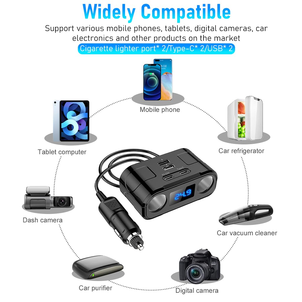 STHIRA® Car Charger, 60W Cigarette Lighter Splitter with PD 22W Type-C, QC USB Ports, 12V/24V Car Charger Car Lighter Adapter with LED Voltage Display Car Charger Fast Charging for GPS Phone