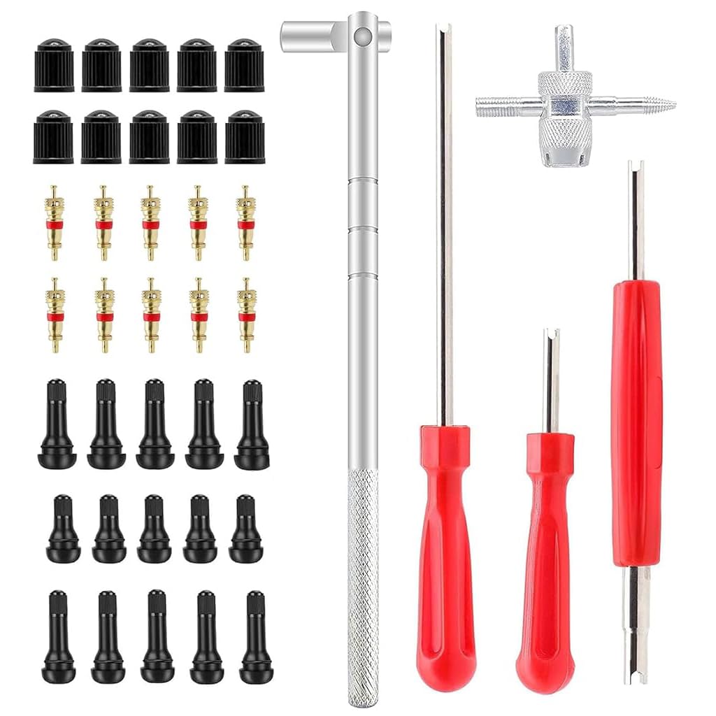 STHIRA® 40Pcs Valve Stem Tool, 5pcs TR412, 5pcs TR413, 5pcs TR414 Tire Snap in Short Rubber Valve Stem, 4 Way Valve Core Remover, Single Head Tire Remover Installer Puller Tool for Most Cars