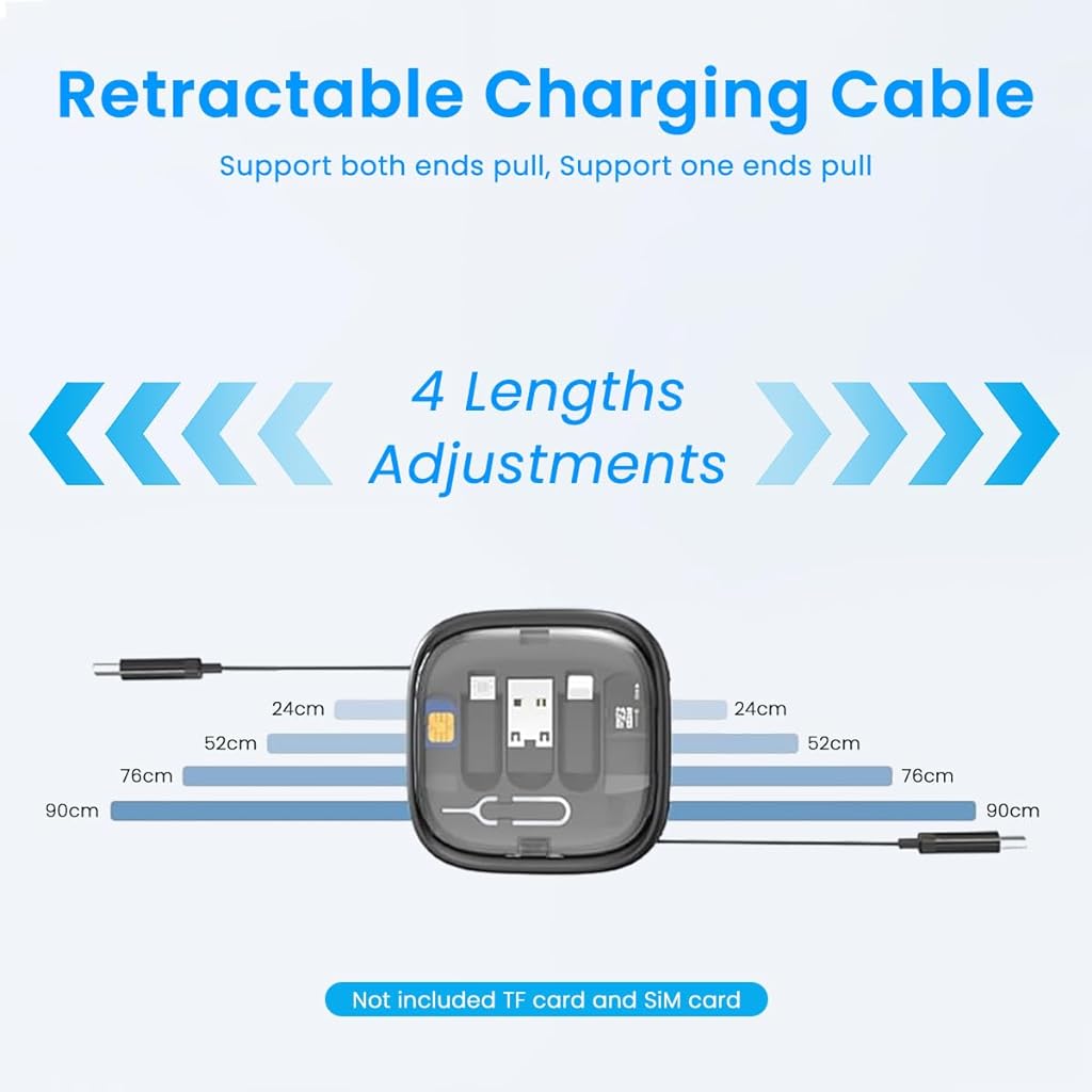 Verilux® 6 in 1 Fast Charging Cable with Storage Case, All in One Mobile Accessories with Card Slot & SIM Ejection Tool, 3.3Ft Retractable Type C Multi Charging Cable for iPhone, USB A/Type C Devices