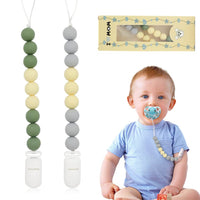 SNOWIE SOFT® 2Pcs Pacifier Chain with Pacifier Clips, Baby Teether Holder Belt Pacifier Clip for Baby Present, Teether Toy Pacifier Anti Lost Clip Teething Toy (Beige, Grey)