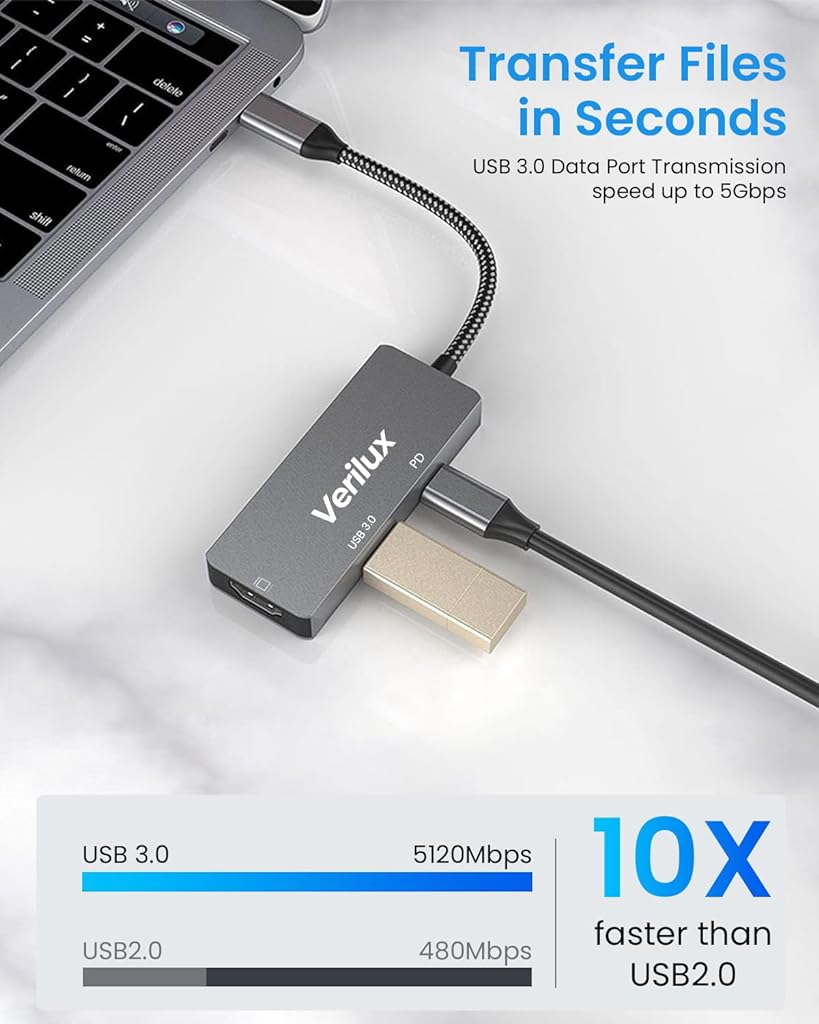 Verilux USB C HUB 3 in 1 USB C to HDMI Adapter with 4K@30Hz HDMI, 3.0 USB Adapter Multiple Port, PD 60W Port USB Type C Hub for Laptop, MacBook Pro Air Power USB Hub 3.0 with Braided Cable