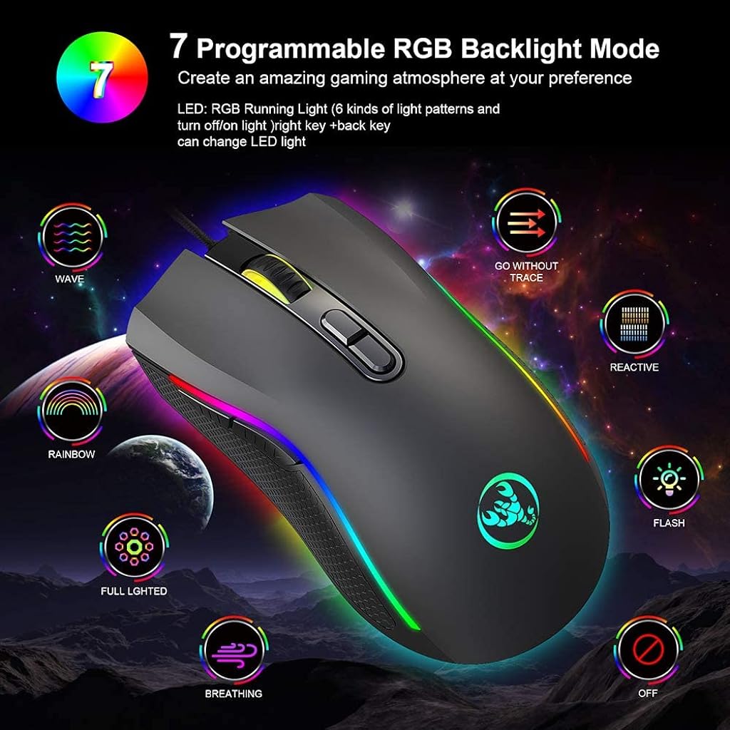 Verilux® Wired Gaming Mouse Ergonomic Gaming Mouse with 7 Programmable Keys,6 Adjustable DPI,LED Backlit USB Plug and PlayFor Laptop, PC, Windows, Mac