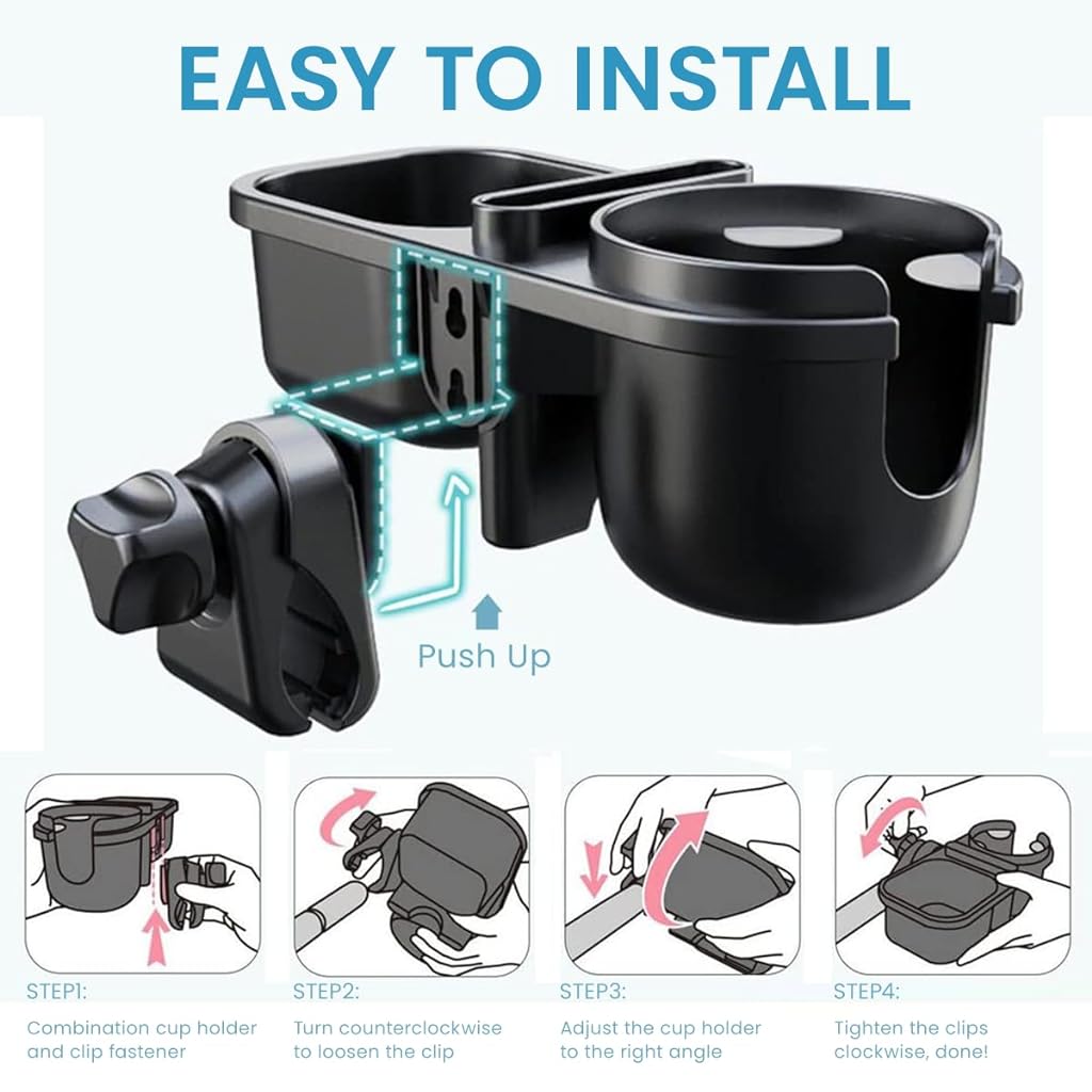 SNOWIE SOFT® 3 in 1 Stroller Cup Holder Phone Holder with 2 Hanging Hooks Snack Tray Water Bottle Holder Universal Cup Holder for Baby Stroller, Scooter, Baby Stroller Accessories