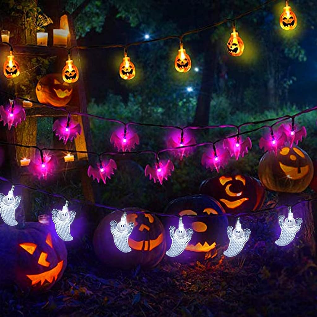 ELEPHANTBOAT Halloween LED Pumpkin String Light, Bat and Ghost String Lights 9.8ft Halloween LED Light String with Flashing Mode Classic Halloween Pumpkin String Light for Party, Room Decoration