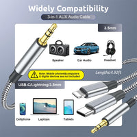 Verilux® 3 in 1 Car Aux Cable, USB C to 3.5mm Audio Cord Car Stereo Aux Cable Compatible with Galaxy S23/S22/S21FE/OnePlus/iPhone 14/13/12/XR