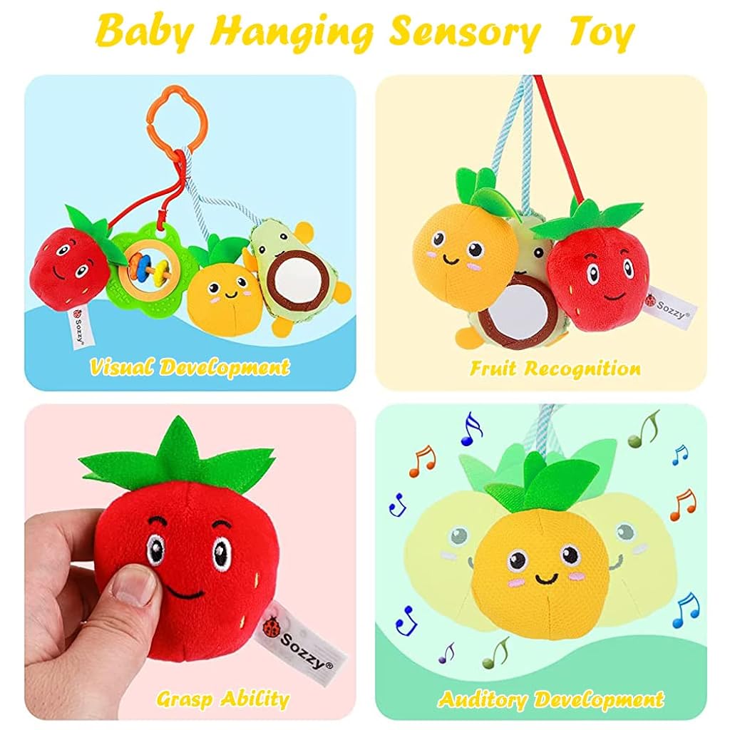 SNOWIE SOFT® Baby Soft Hanging Rattle Crinkle Squeaky Toy Car Seat Stroller Hanging Toys with Teethers Plush Fruits Mirror Toys Hangable on Crib Pramfor Infant Babies Boys and Girls 3 6 9 to 12 Months