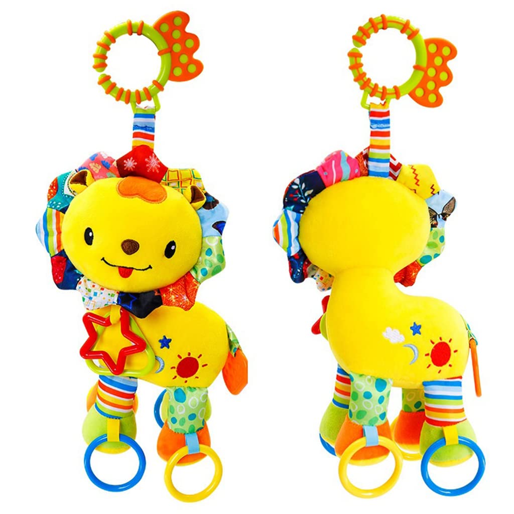 SNOWIE SOFT Baby Soft Hanging Rattle Crinkle Squeaky Toy Car Seat Stroller Hanging Toys with Teethers Plush Soft Lion Toys Hangable on Crib Pramfor Infant Babies Boys and Girls 3 6 9 to 12 Months
