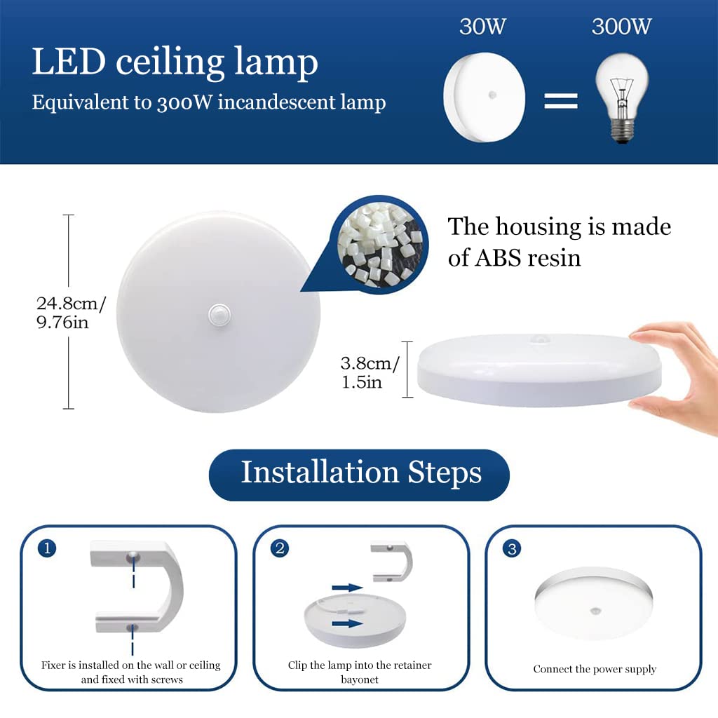 ELEPHANTBOAT 30W Smart Induction Ceiling Light 9.8'' White Light Ceiling Light 6500K IP56 Waterproof LED Ceiling Light for Living Room, Bathroom, Office, Porch, Garage