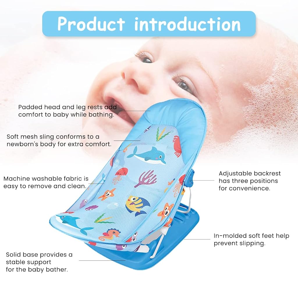 SNOWIE SOFT® Baby Bath Chair for Baby 0 to 2 Years, Foldable and Adjustable Baby Bather for New Born Baby, Washable Soft Mesh, Large Seat, 3 Height Adjustable