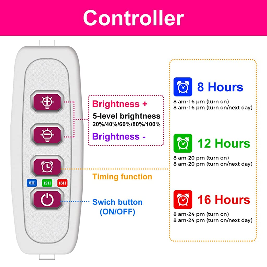 Qpets LED Grow Lights Bars for Indoor Plants, Full Spectrum Strips Auto ON/Off, 8/12/16H Timer, 5 Dimmable Levels High Output USB 5V Grow Lamp Hydroponics Seedling Flower Starting(Pink Purple)