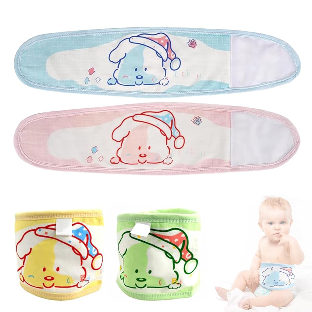 SNOWIE SOFT® 4Pcs Cotton Baby Belly Band Baby Belly Button Wrap, Newborn Belly Button Band Umbilical Hernia Belt Baby Adjustable Belly Band Cotton Infant Tummy Band for Infant 0-12 Months, Cute Dog