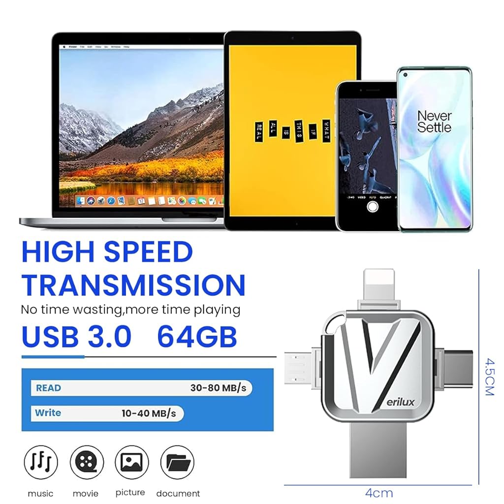 Verilux® Pendrive 64GB 4 in 1 Flash Drive with Light-ning, Micro USB, USB A, Type-C Interface High Speed Mini Hangable 64 GB PenDrive for iOS & Android Compatible with iPhone, iPad, Android, PC