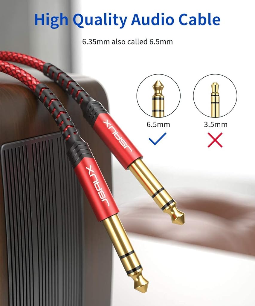 JSAUX® 1/4 Inch Cable Guitar Balanced Cable [6.6ft], 1/4 TRS Jack to 6.35mm Stereo Audio Cable Male to Male for Electric Guitar, bass Guitar, Electric Mandolin, Speaker-Red