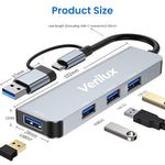 Verilux® USB Hub 3.0 for PC Type C Hub 4 in 1 High Speed 3.0+2.0 Multi USB Port for Laptop 5Gbs Transfer Speed USB Extender Multiple USB Connector for MacBook Air/Pro M1/M2, iPad Pro, Dell, Samsung