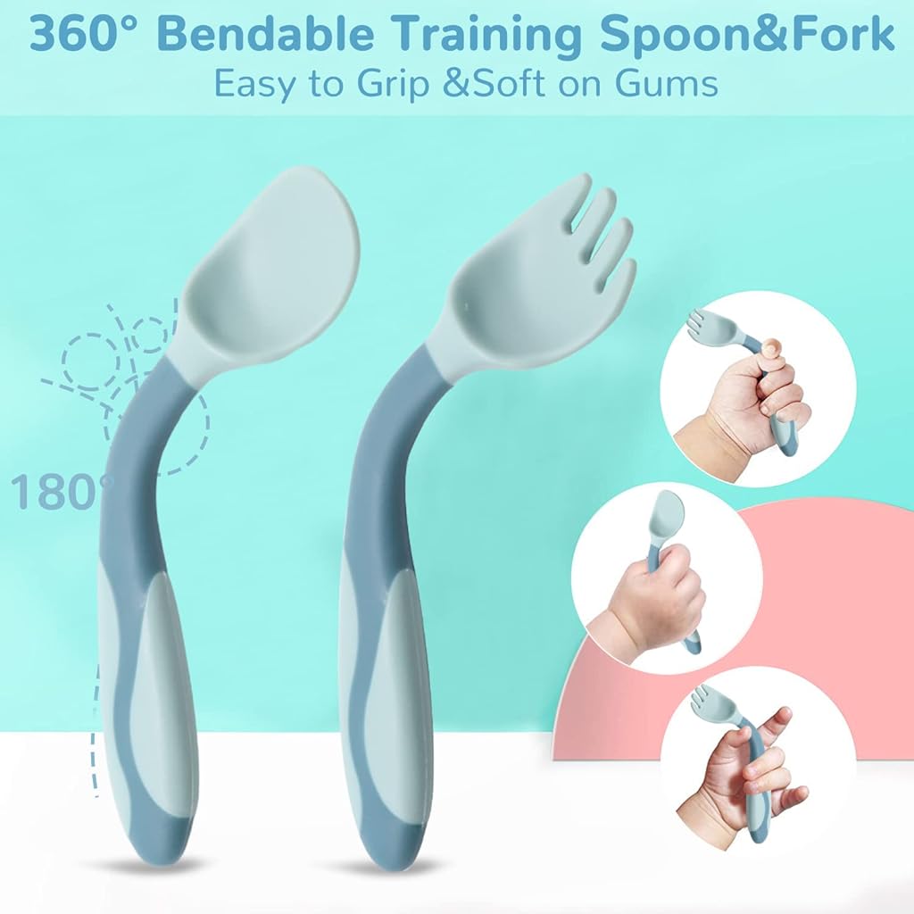 SNOWIE SOFT® Baby Bowl and Spoon Set Bady Feeding Bowl Spoons and Fork Dinnerware Self Feeding for Baby Toddler Durable Nonslip Suction Plates for Baby Non Toxic - BPA Free Plastic