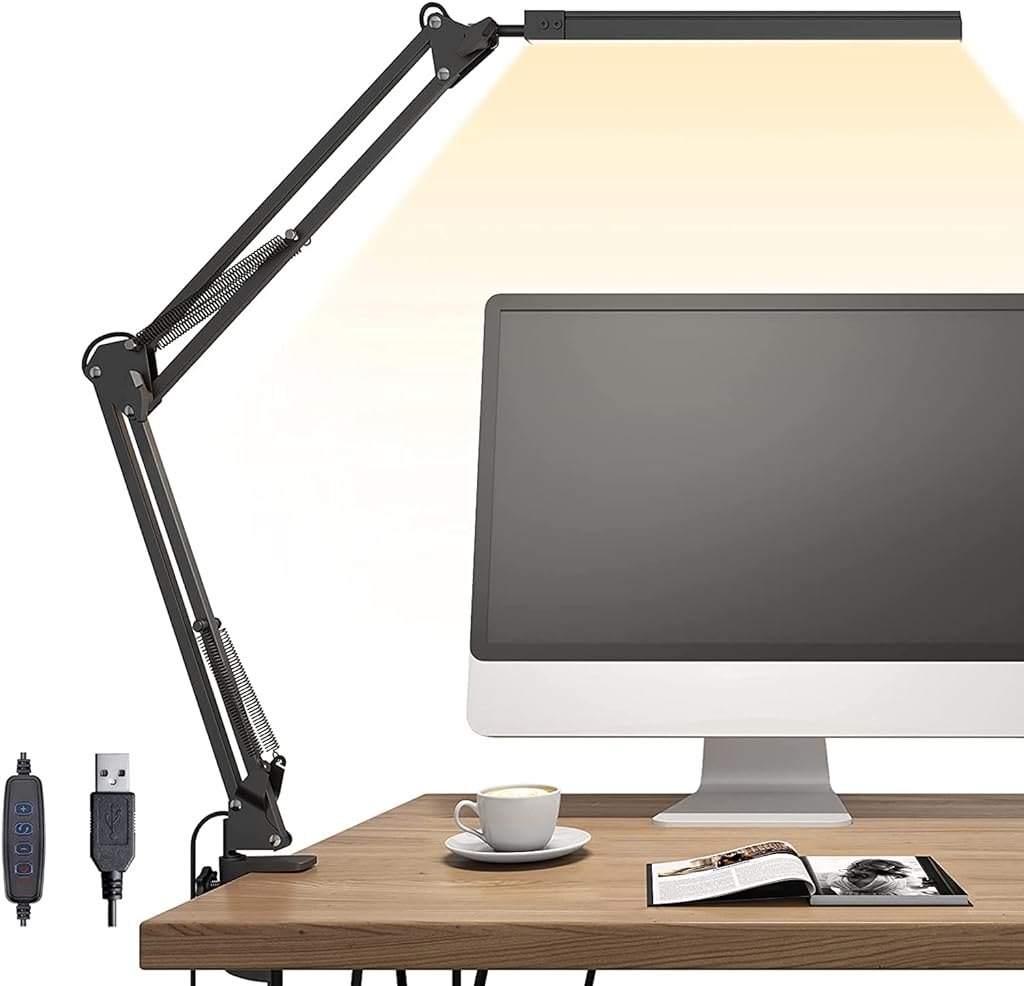 ELEPHANTBOAT LED Desk Lamp Screw Fixed Desk Lamp Eye-Friendly LED Desk Lamp Work Lamp Dimmable Study Lamp Flexible Lamp Arm, USB Power LED Desk Lamp for Home, Office