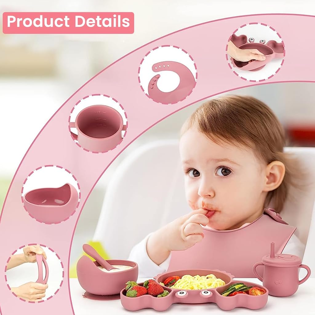 SNOWIE SOFT® 6pcs Silicone Tableware Kit for Baby, Foodgrade Silicone Tableware Kit with Suction Plate & Bowl, Cup with Straw, Spoon Fork and Bib, BPA-Free Dishwasher & Microwave Safe Baby Product