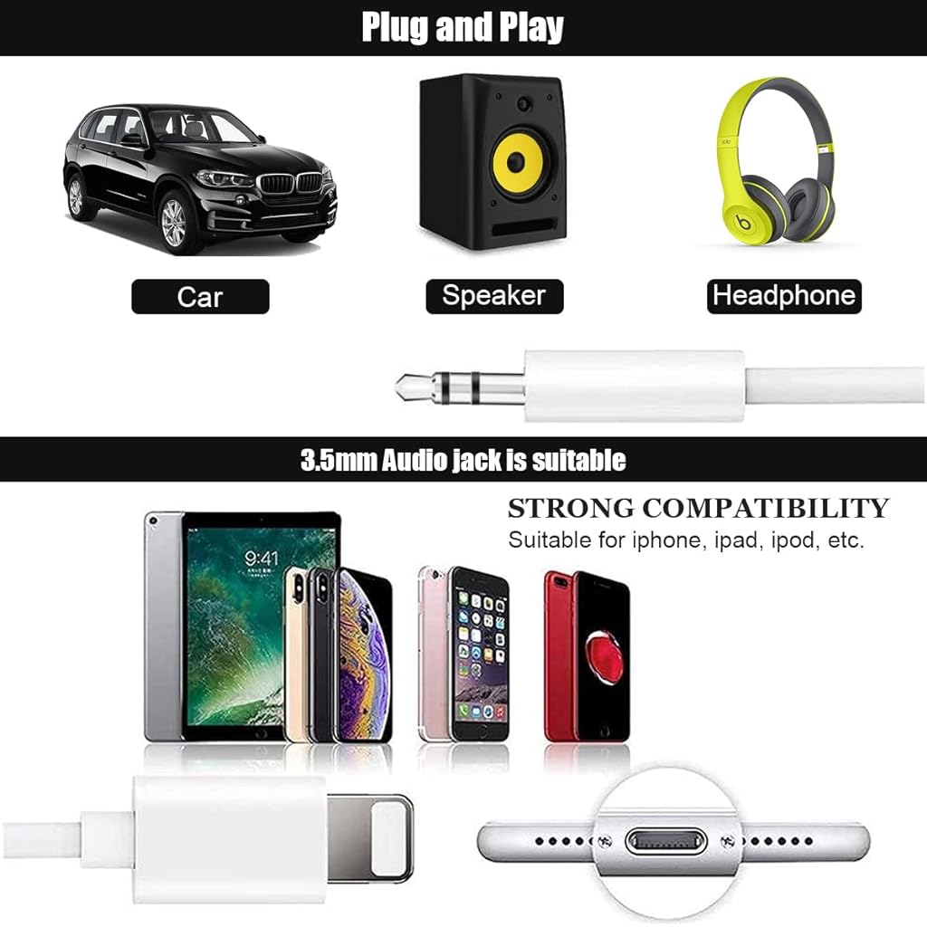 ZORBES Aux Cord for iPhone, 3.3FT Light-ning to 3.5 mm Headphone Jack Adapter Male Aux Stereo Audio Cable for Car Home Stereo, Speaker Compatible with iPhone 13/12/11/XS/XR/X/8/7/iPad/iPod, White