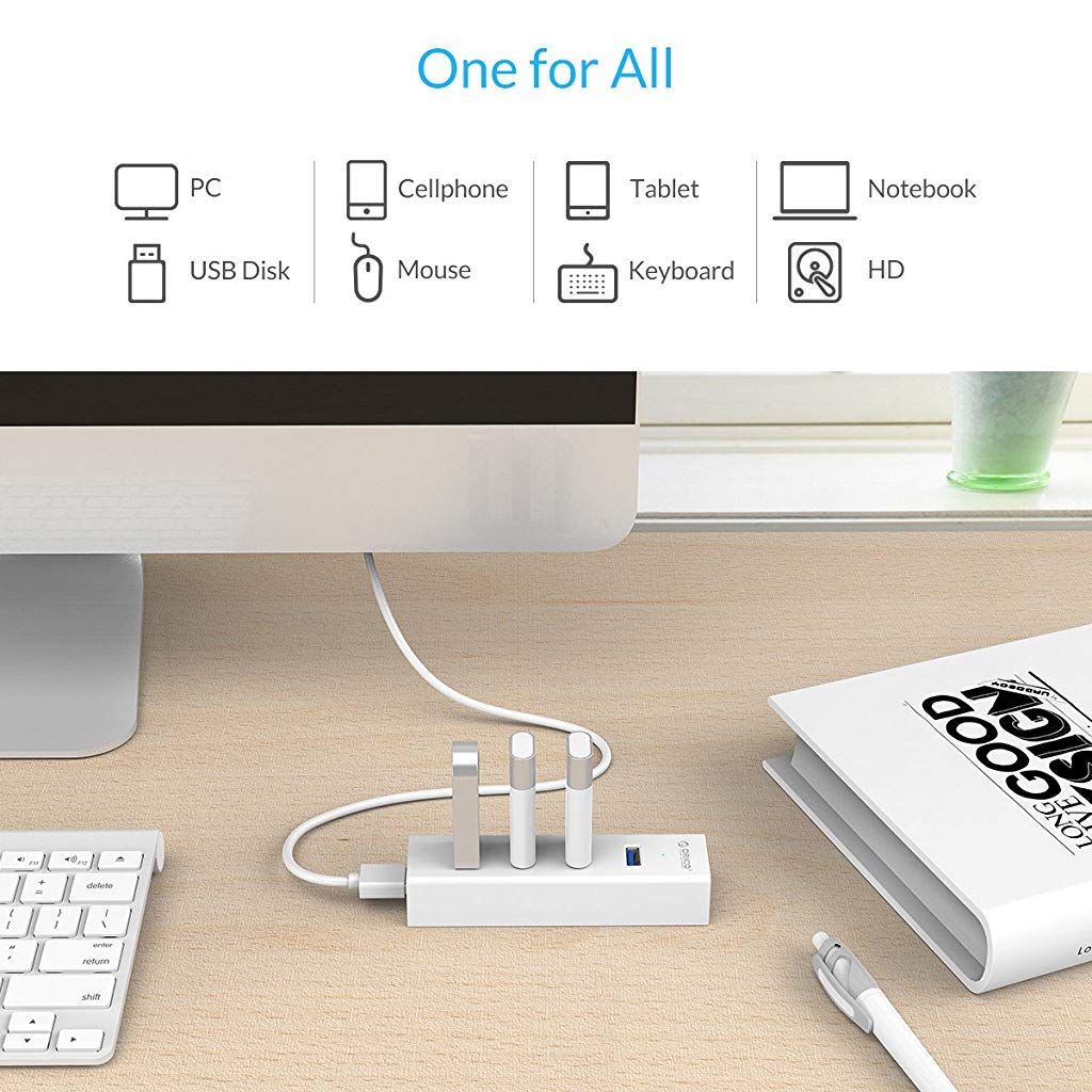 ZORBES® 4-Port USB 3.0 Hub SuperSpeed for MacBook, Chromebook, Laptop, Surface and More- White
