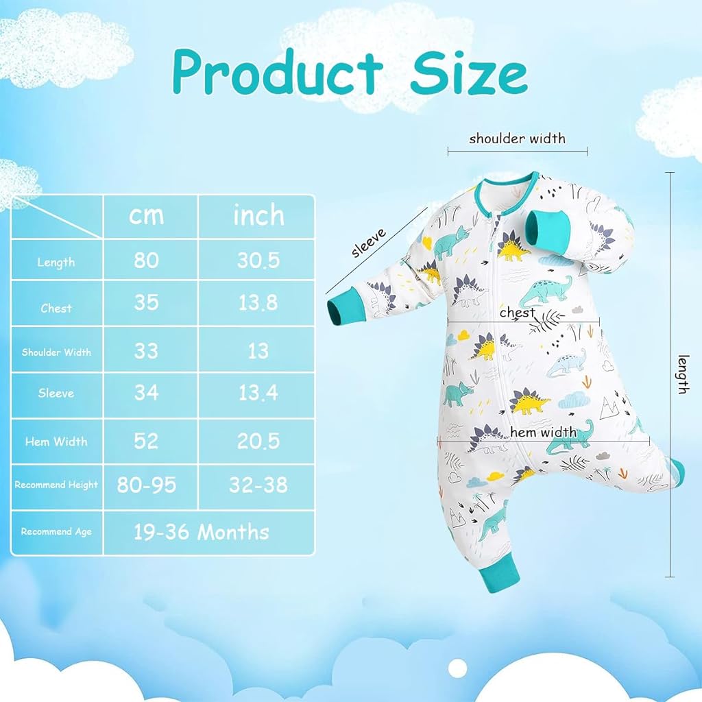 SNOWIE SOFT Baby Sleepsuits Sleeping Bag with Feet 2.5 TOG Wearable Blanket Baby with Long Sleeve Sleep Sack for Infant Toddler 100% Cotton Walking Sleeping Pajamas for Girl Boy 18-36 Months Dinosaur