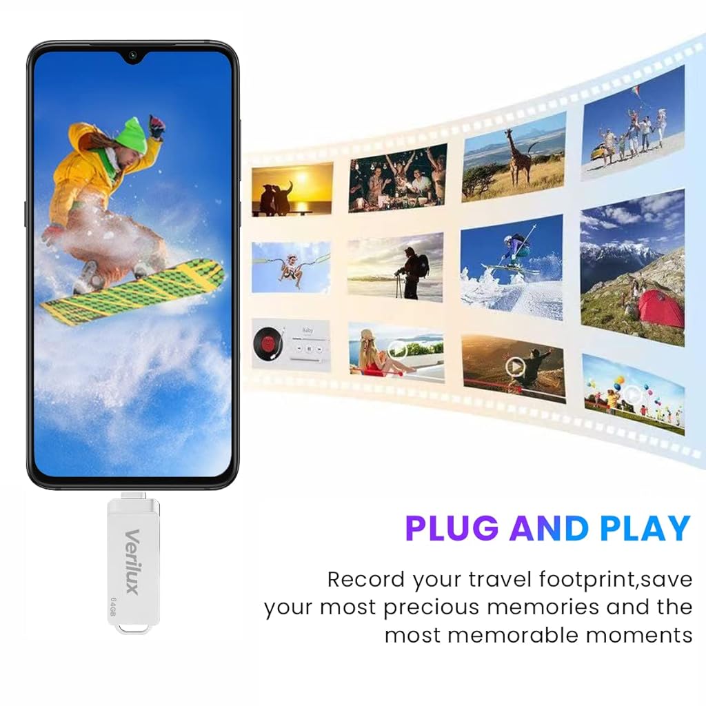 Verilux Pendrive 64GB 3 in 1 USB 3.0 Flash Drive with Light-ning, USB A, Type-C Interface Mini Hangable PenDrive for iOS & Android Compatible with iPhone, iPad, Smartphone, PC and More Devices