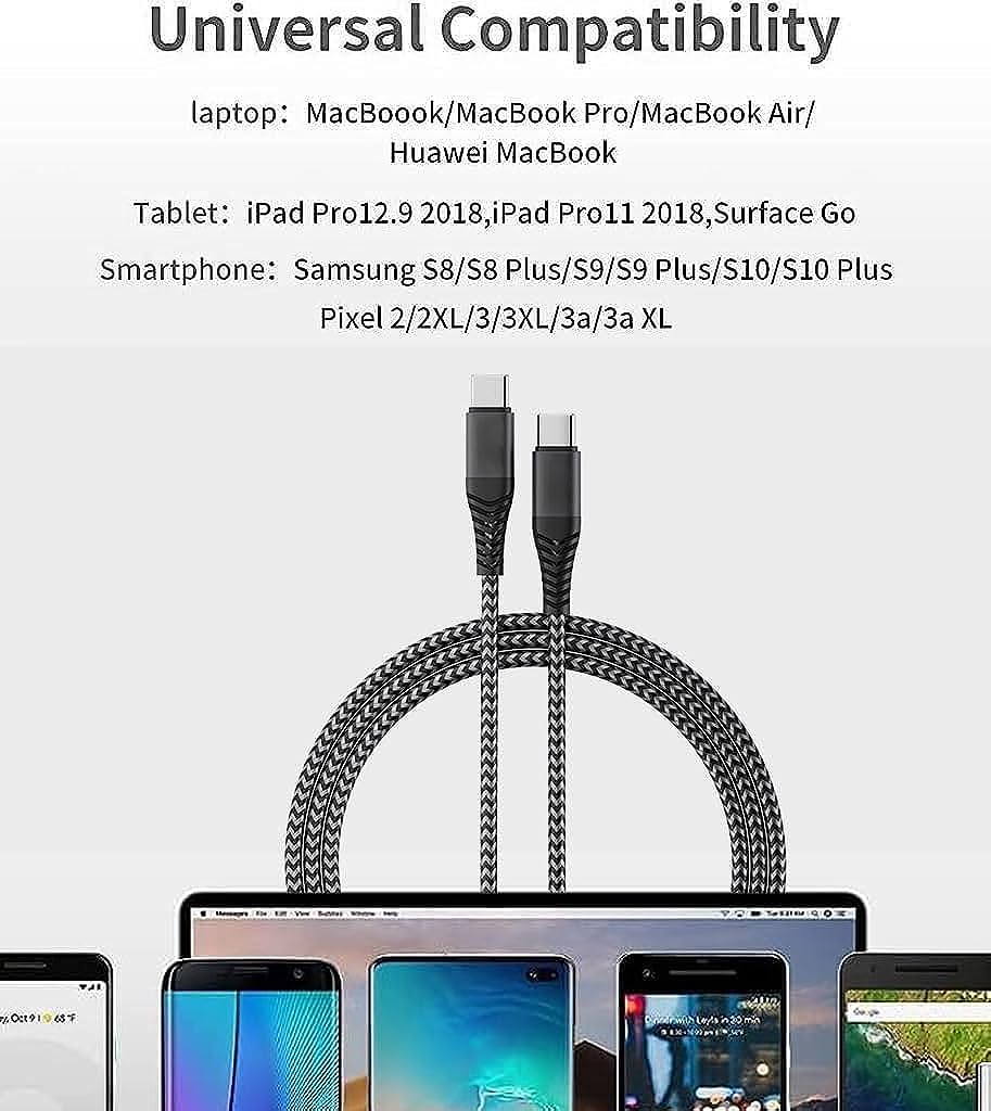 Verilux® Type C to Type C Cable, 6.6Ft/2M Support PD 100W Fast Charging Cable, USB Type C Male to Male Nylon Braided 480Mbps Transfer Cable Cord for MacBook Pro/Air, MacBook, Samsung Galaxy, Oneplus