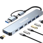 Verilux® USB Hub USB C Hub with USB Adapter 7 in 1 USB Hub for Data Transfer Universal USB C Hub with USB 3.0 Port & 3 USB 2.0 Ports USB C Port Compatible with Laptop, MacBook Air, Mac Mini/Pro