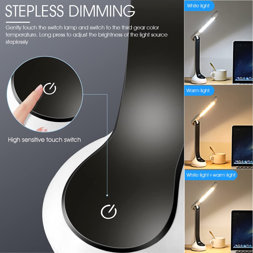 ELEPHANTBOAT 3 Color Eye-Friendly LED Study Lamp for Students, Foldable Desk Lamp, Touch Button LED Table Lamps for Home Office, USB Rechargeable Desk Lamp for Kids Students